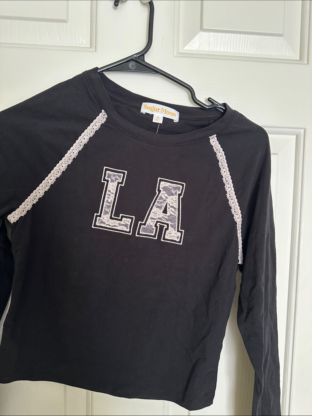 Black Long Sleeve Tee with Lace Trim and LA Applique